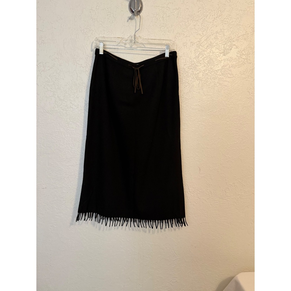 Harolds Womens Black Wool Blend Fringe Hem Tie Waist Midi Skirt Size 10